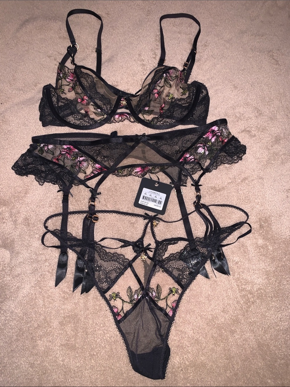 Honey Birdette Black Sheer Embroidered Floral Bra, Garter & Thong (Andrea) Set